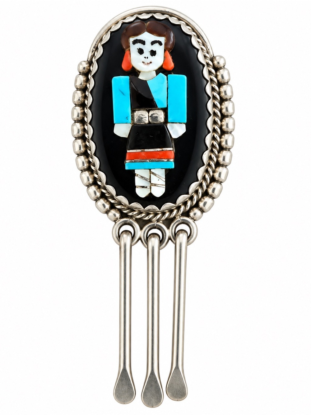 Vintage Zuni Inlay Maiden Brooch Pendant Sterling Silver J.A.C. Signed
